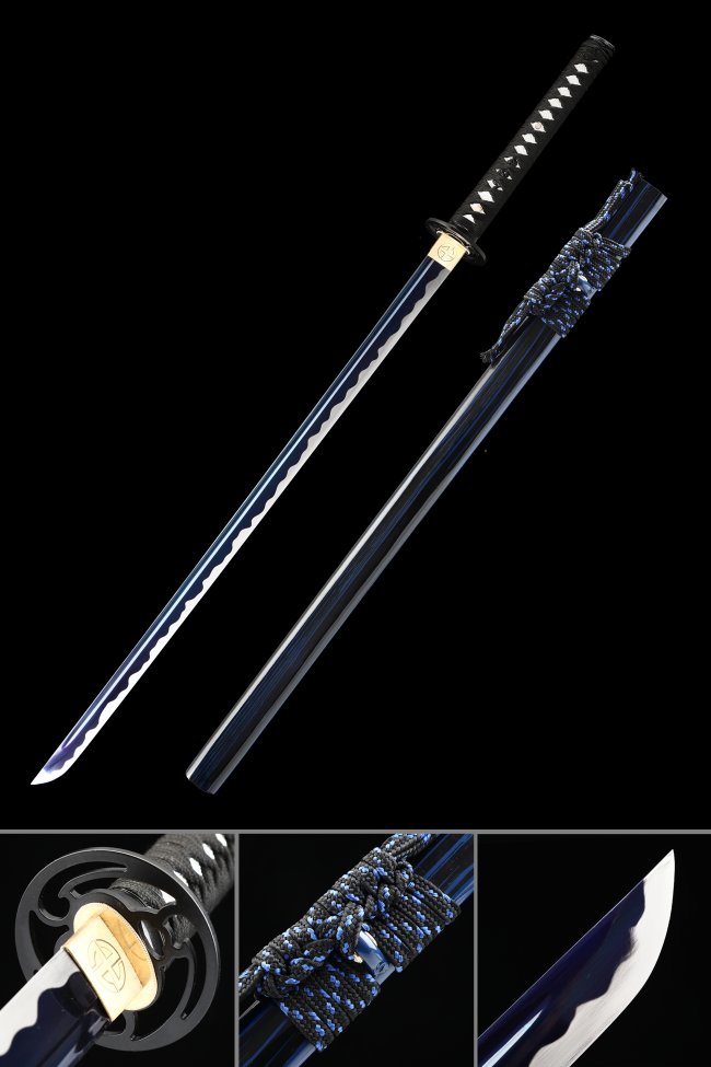 Blue Manganese Steel Ninjato with Dark Blue Lacquer Saya - Black Iron Tsuba Ninja Sword