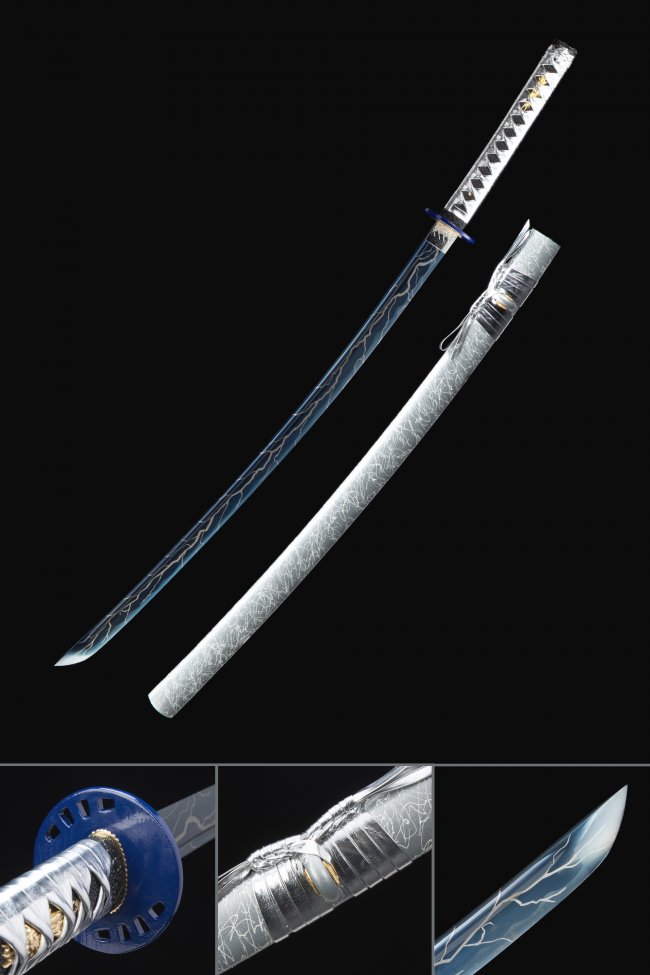 Blue Lightning Manganese Steel Katana with Off-White Crackle Saya and Blue Alloy Tsuba - Collectible Sword