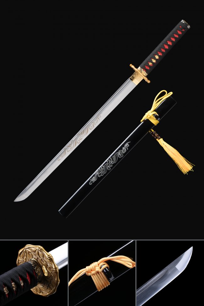 1045 Steel Straight Katana Chokuto with Gold Chrysanthemum Tsuba - Black Saya with Vine Engraving