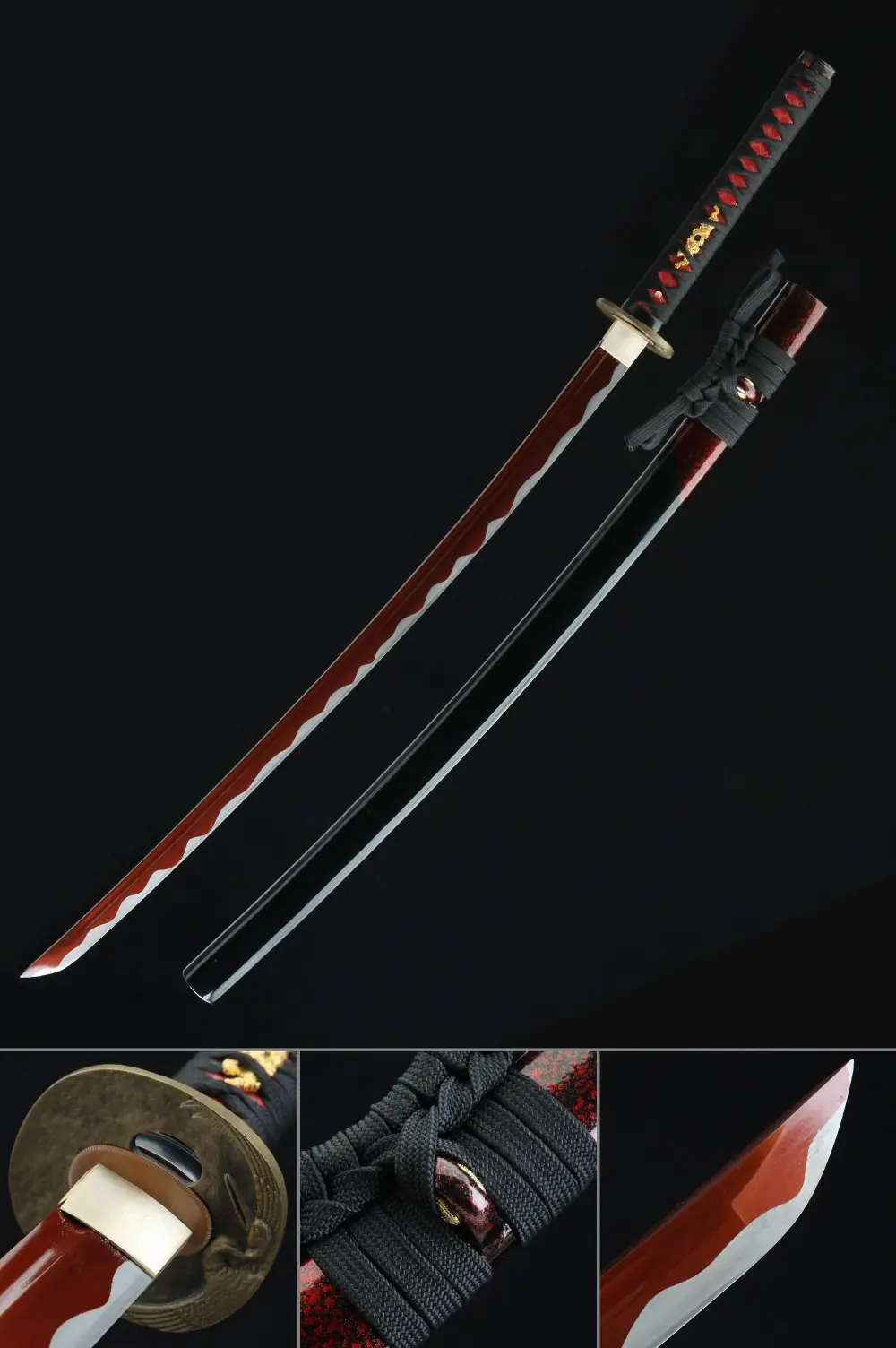 赤黒ダイダロステンザン Samurai Sword | 1045 Carbon Steel Katana with Red Blade - Black