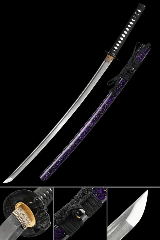 Damascus Steel Full Tang Katana with Skull Tsuba in Purple Lacquer Hardwood Saya