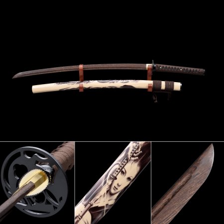 Handmade Brown Wooden Blade Unsharpened Katana Samurai Sword With Natural Scabbard And Iron Tsuba