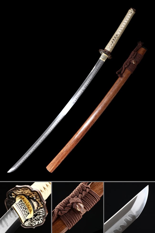 T10 Carbon Steel Katana with Real Hamon in Natural Hardwood Saya - Dragon Tsuba, White Ito