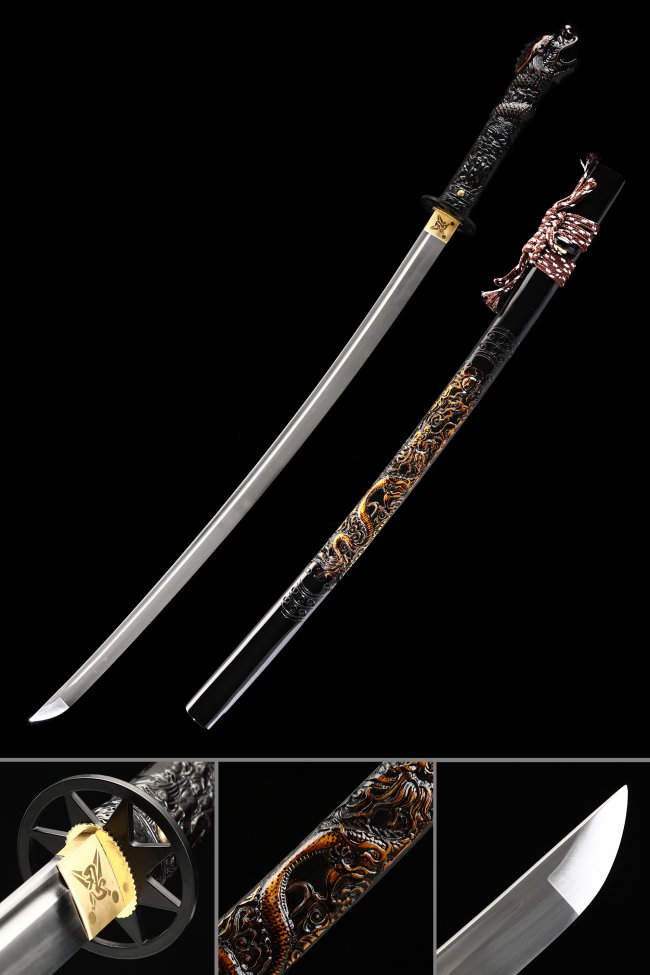 Dragon Head Handle Katana - Spring Steel Full Tang Sword with Embossed Dragon Saya in Black and Gold
