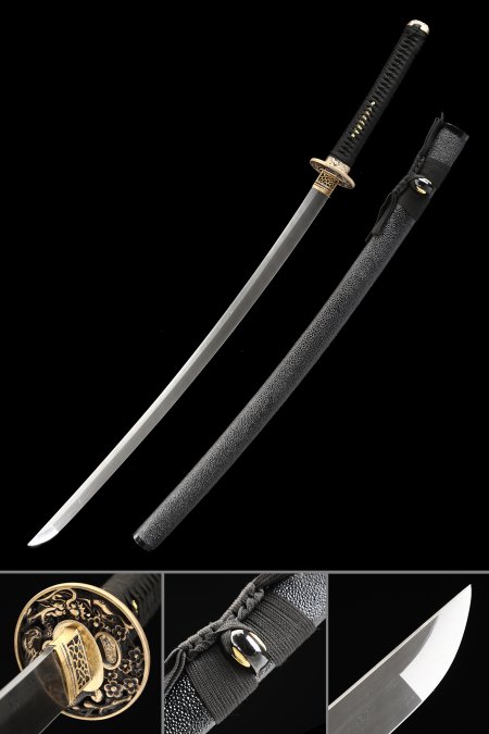 Handmade Japanese Katana Sword Damascus Steel With Black Rayskin Scabbard