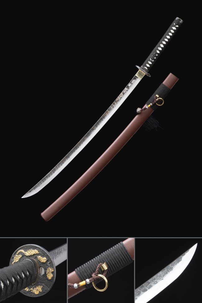 Dragon Tsuba 1095 Carbon Steel Katana, Handmade, Brown Saya & Black Tsuka