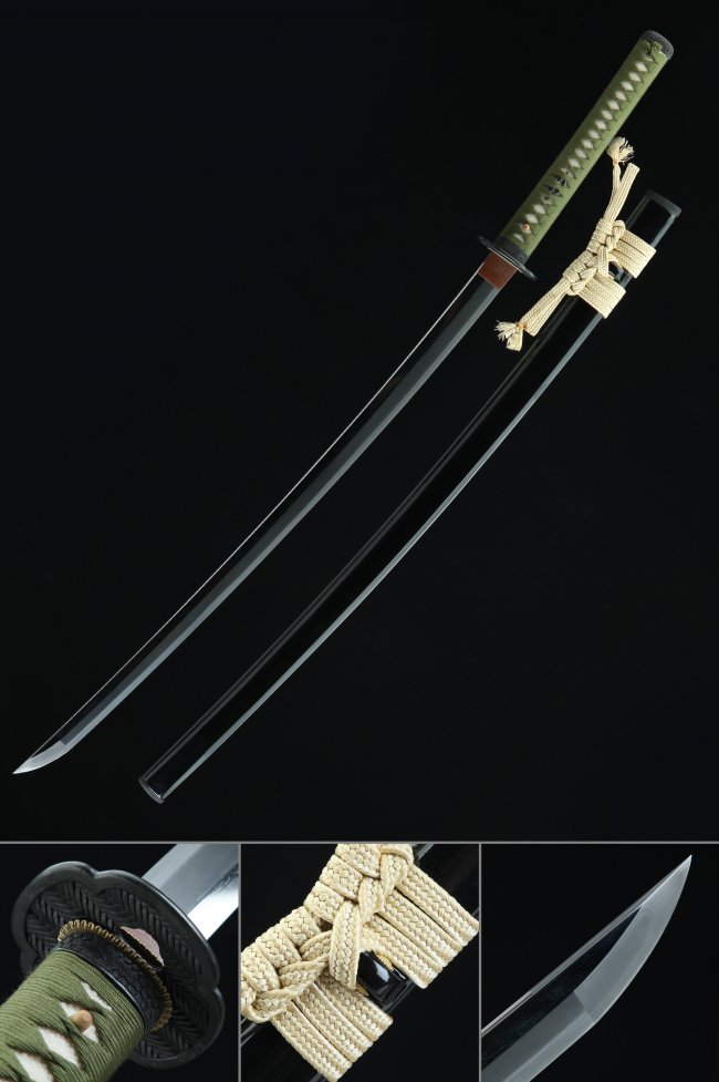 Tamahagane Steel Katana with Real Hamon - Black Lacquer Saya, Green Ito & Beige Sageo