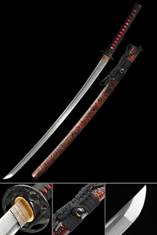 Damascus Steel Katana with Lightning-Pattern Black-Red Saya and Dragon Tsuba