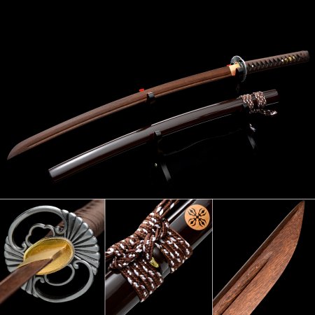 Handmade Brown Wooden Blunt Unsharpened Blade Katana Samurai Sword With Dark Red Scabbard