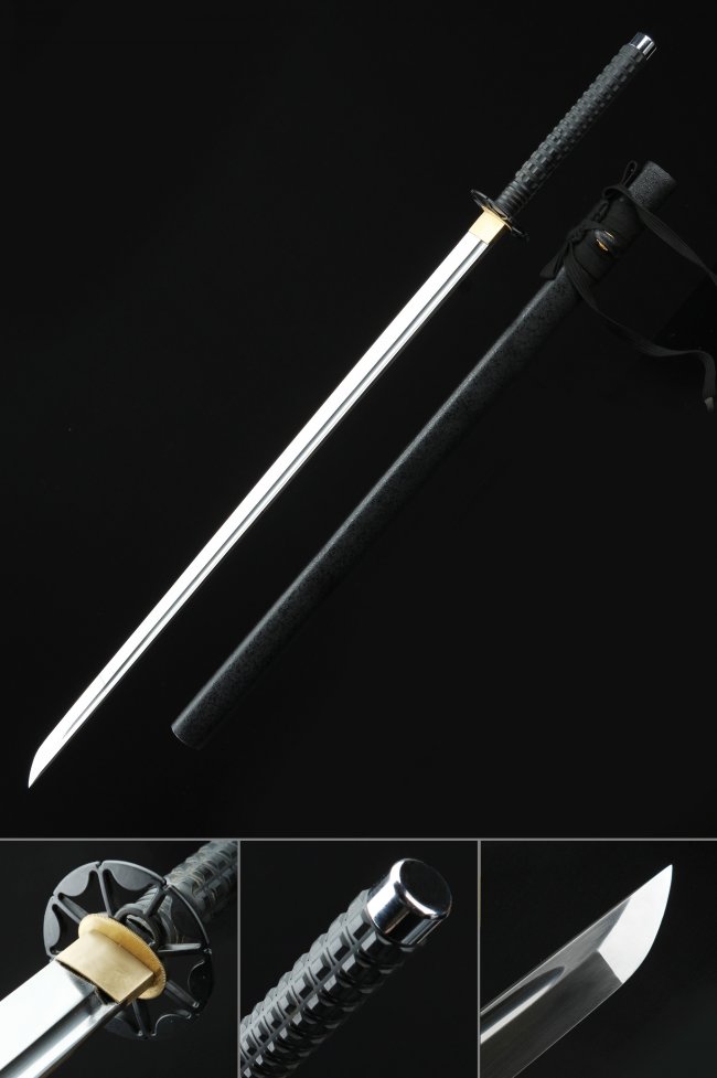 Chokuto Ninjato Sword in Manganese Steel with Black Alloy Tsuba and Matte Hardwood Saya - Full Tang Straight Blade