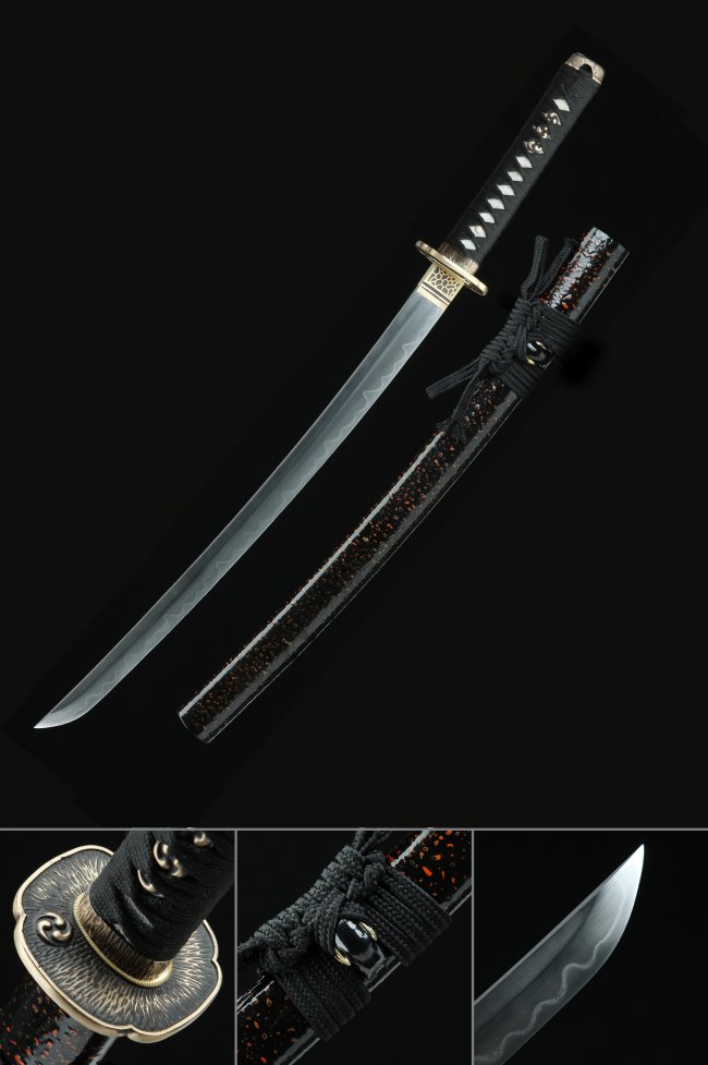 Damascus Steel Wakizashi with Black Lacquer Saya - Wave Engraving, Gold Tsuba, Hamon Blade