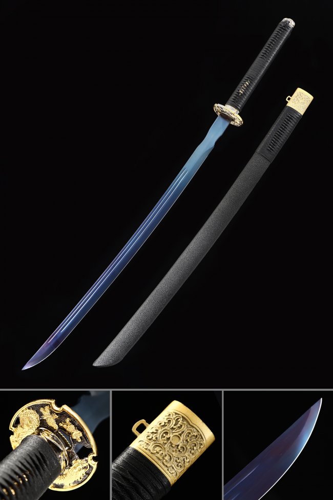 1060 Carbon Steel Blue Blade Katana with Gold Dragon Tsuba in Black Leather-Wrapped Saya