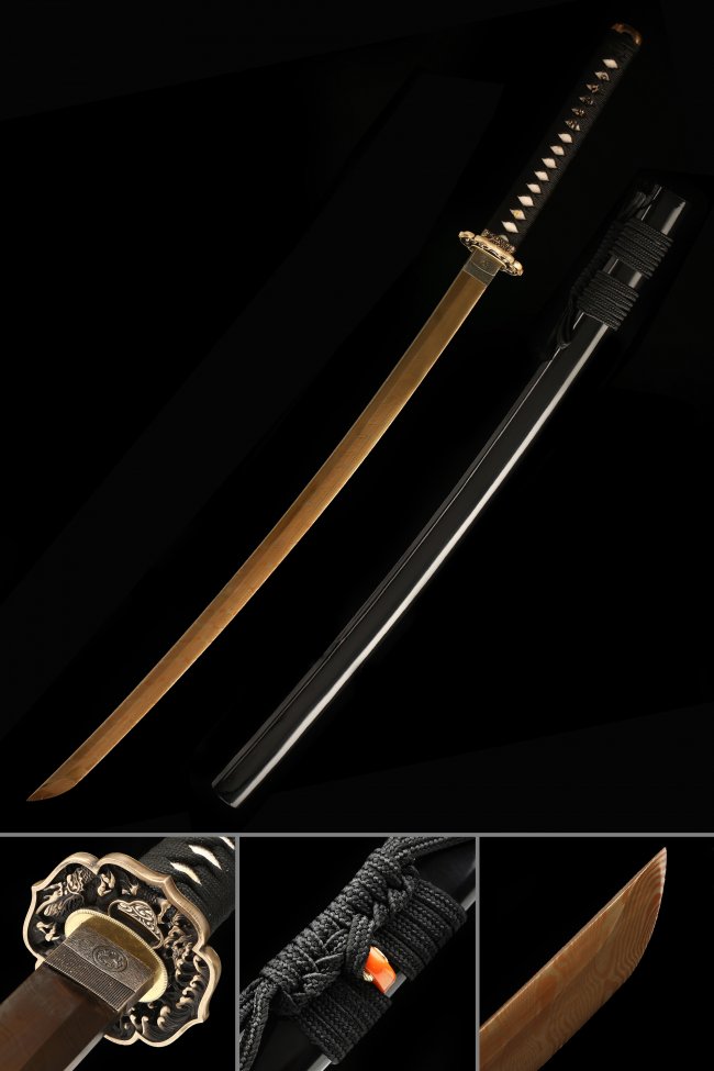 Damascus Steel Katana with Gold Blade, Black Lacquer Saya & Dragon Tsuba