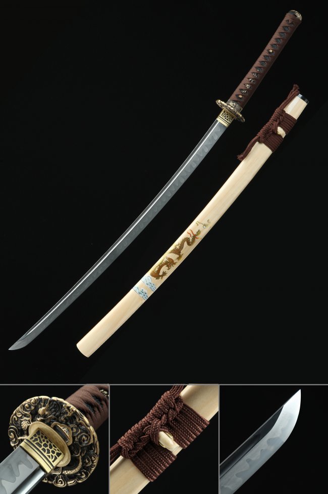 T10 Steel Katana with Real Hamon in Natural Wood Saya - Gold Dragon Tsuba, Brown Ito