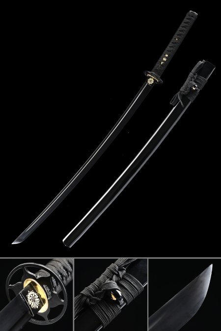 Épée De Samouraï Japonais Faite à La Main Pleine Soie Avec Lame Noire Et Fourreau