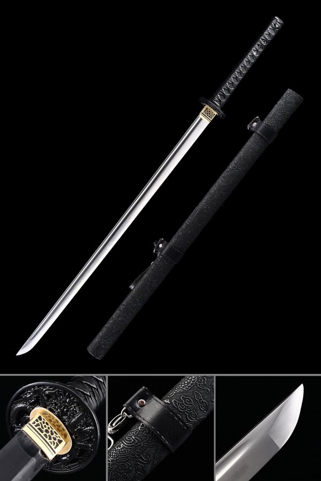Manganese Steel Ninjato with Black Dragon Tsuba in Embossed Leather Saya