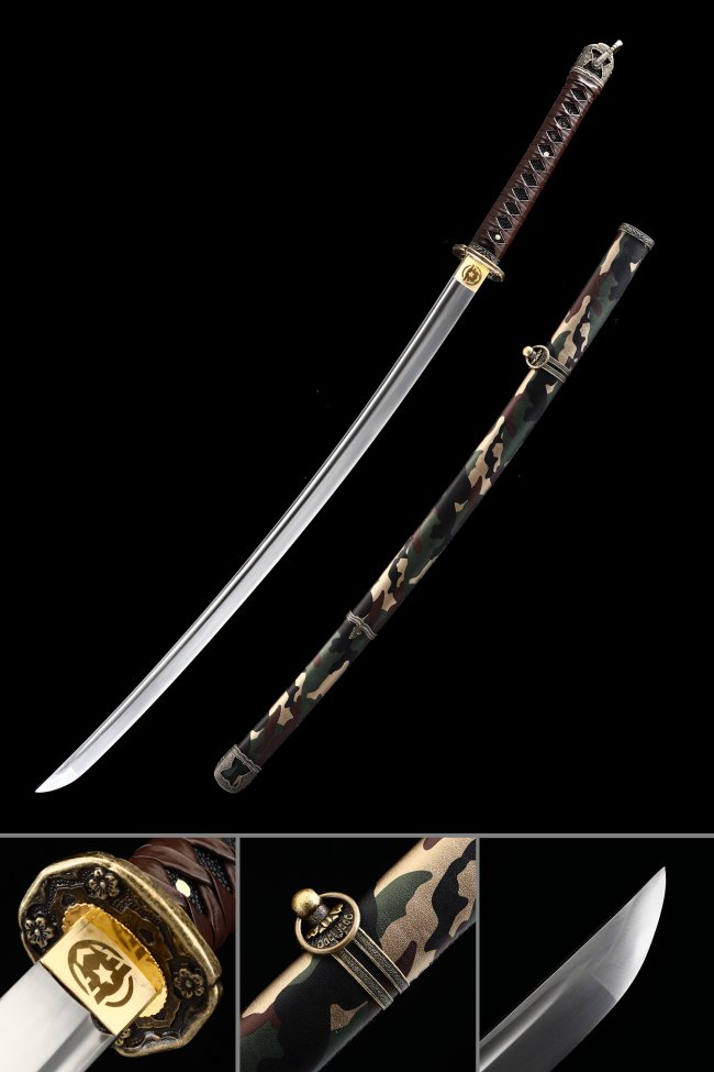 WWII Shin Gunto Katana Manganese Steel Blade with Camouflage Leather Saya - Type 98 Replica