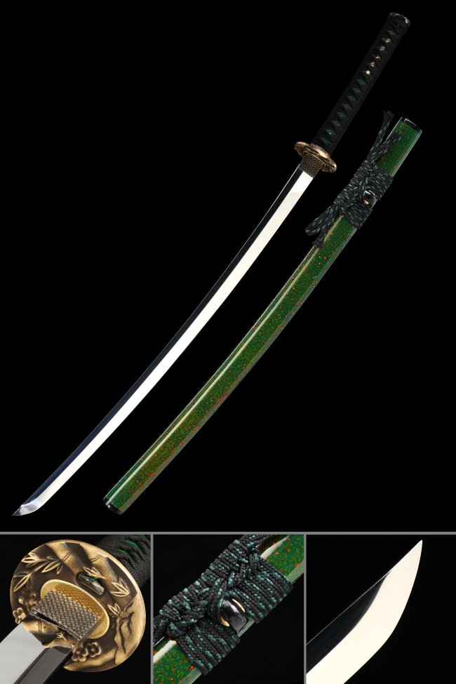 Flower Tsuba 1095 Carbon Steel Katana, Full Tang, Handmade & Green Saya