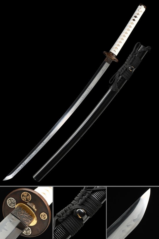 Ornate Scroll Tsuba T10 Carbon Steel Katana, Real Hamon, Full Tang & Handmade