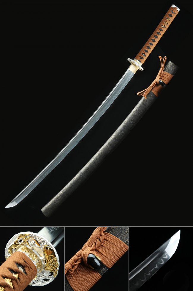 Clay Tempered T10 Carbon Steel Katana with Real Hamon in Bronze Kanji Saya - Gold and Silver Tsuba