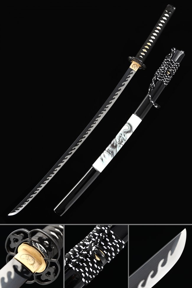 Black Blade Katana Manganese Steel with Flame Engraving, Dragon Saya & Flower Tsuba