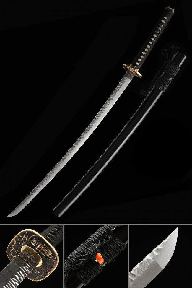 Damascus Steel Katana with Gold Samurai Tsuba, Black Lacquer Saya & Hamon Blade