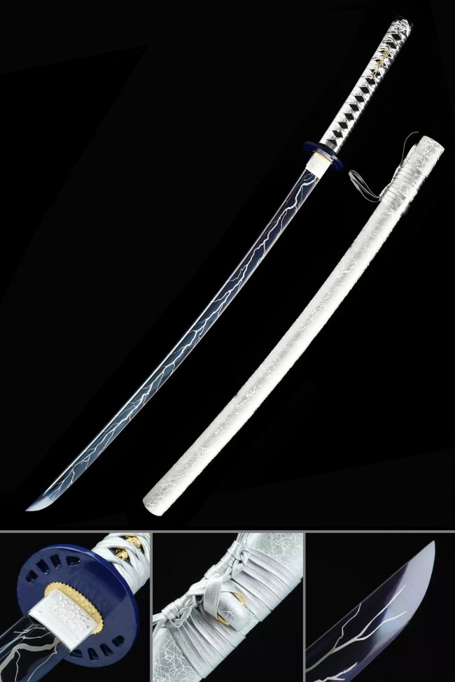 1045 Carbon Steel Katana with Lightning-Pattern Blue Blade and White Crackle Saya - Silver Cord Handle
