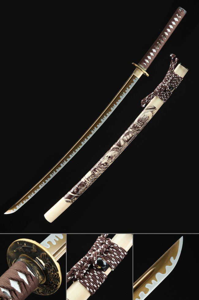 Manganese Steel Katana with Gold Blade - Brown-White Tsuka, Samurai Painted Beige Saya