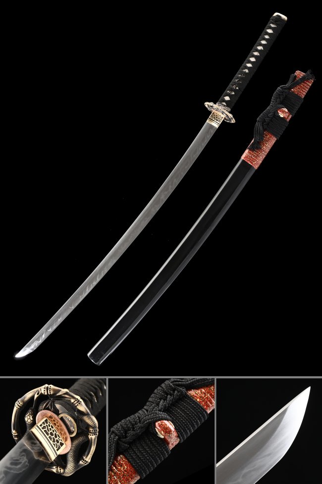 T10 Carbon Steel Katana with Real Hamon, Bronze Snake Tsuba in Black-Red Koshirae