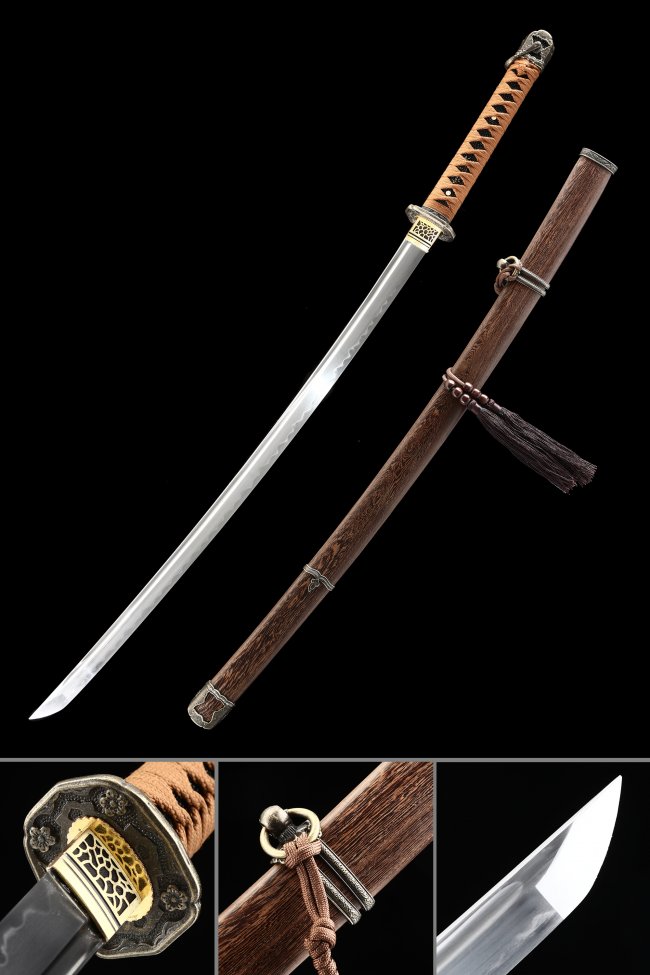 WW2 Type 98 Shin Gunto Katana in Manganese Steel with Brown Wenge Saya - Ornate Floral Tsuba
