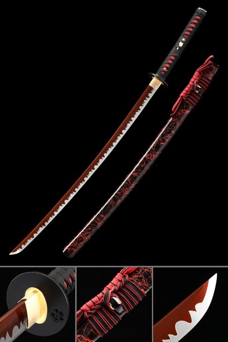 Handmade Japanese Sword High Manganese Steel Full Tang With Red Blade And Black Scabbard