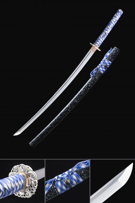 Handmade Japanese Katana Sword With Blue Handle And Black Scabbard