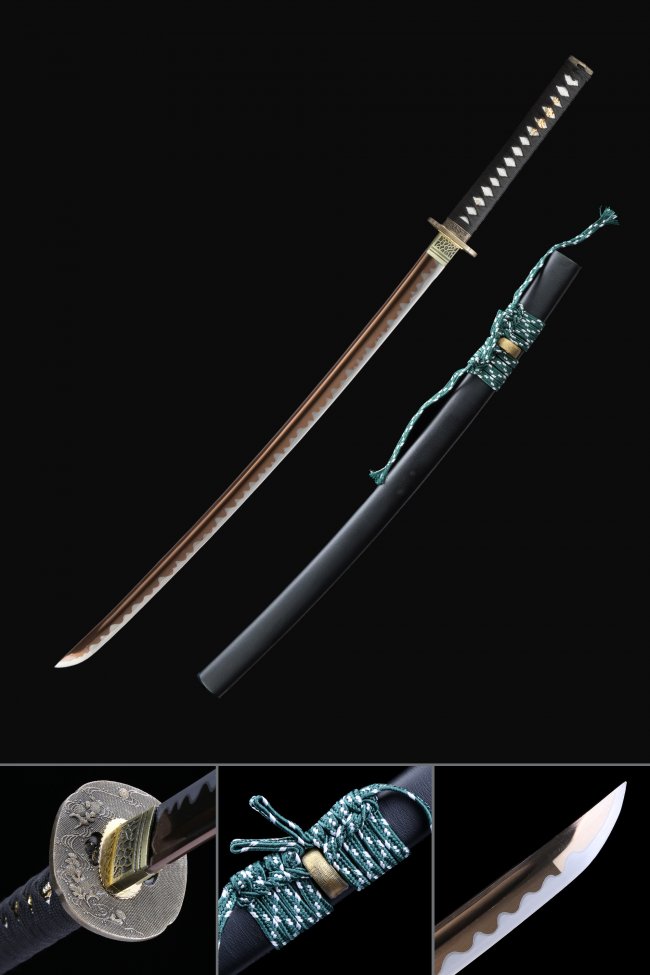 1045 Steel Katana with Brown Blade Hamon in Black Tsuka - Silver Chrysanthemum Tsuba, Matte Black Saya