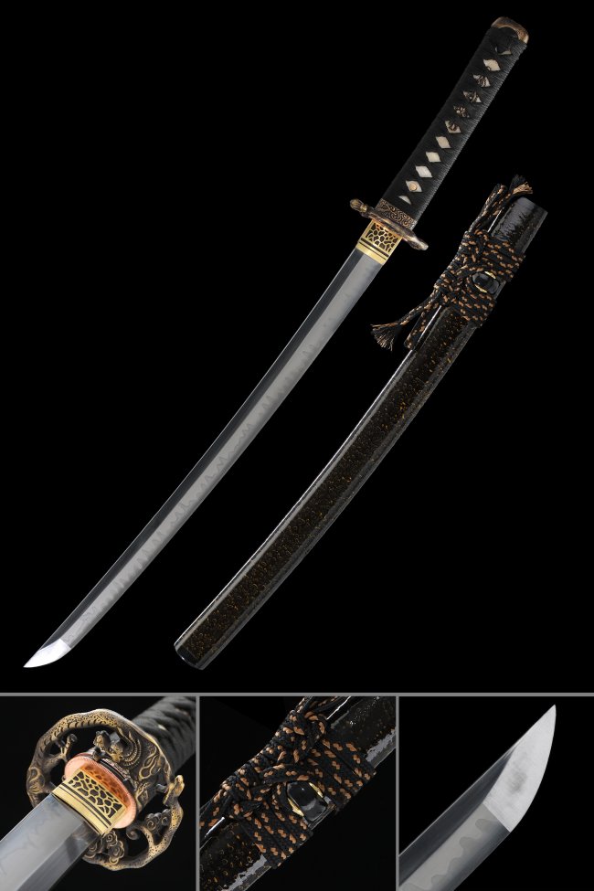 Dragon Tsuba T10 Carbon Steel Wakizashi, Real Hamon, Handmade & Black Dragon Saya