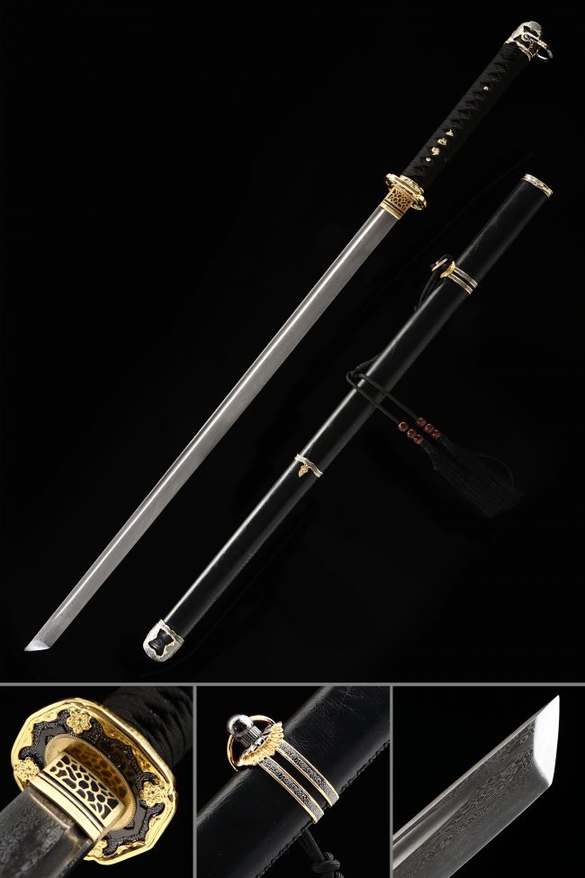 WWII Type 98 Shin Gunto Damascus Steel Sword with Gold-Black Tsuba in Black Lacquer Saya