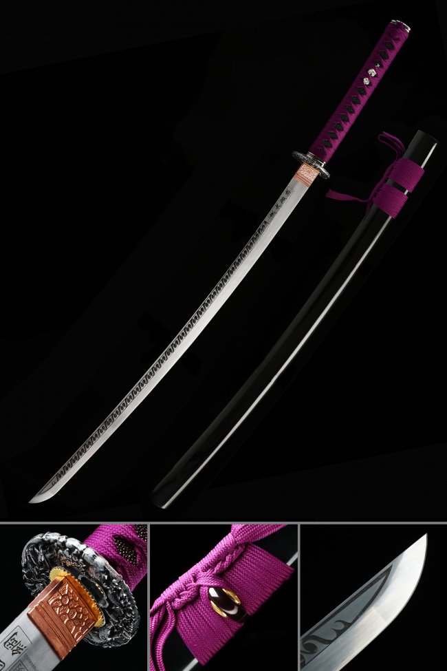 Dragon Tsuba 1095 Carbon Steel Katana, Handmade, Black Saya & Purple Tsuka