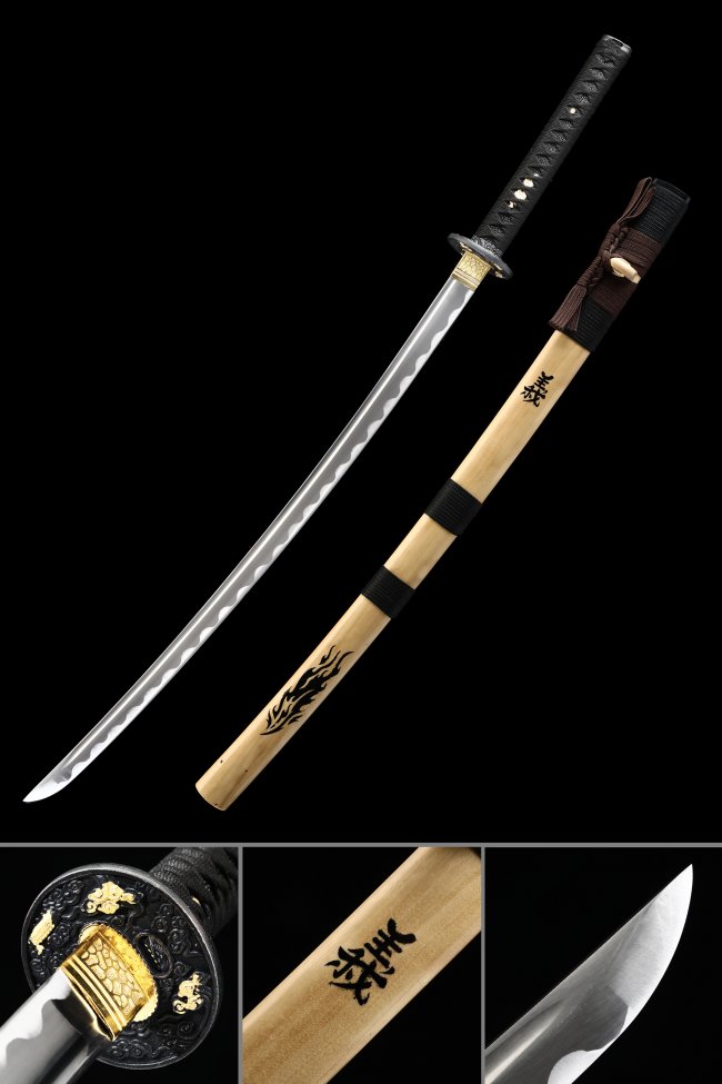 Manganese Steel Katana Natural Wood Saya with Dragon Tsuba - Black Handle, Kanji Engraving