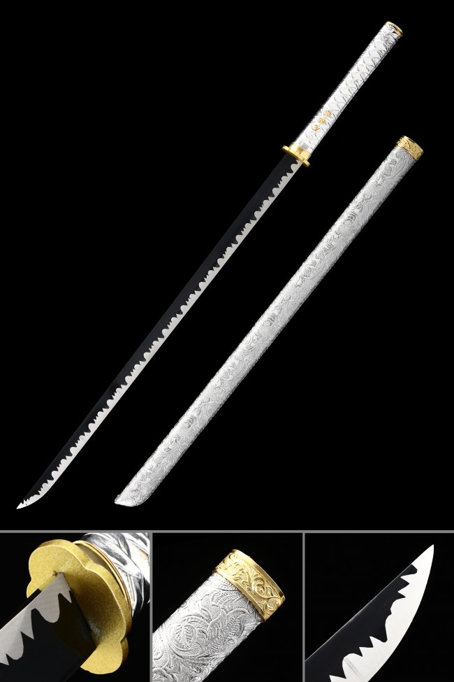 Manganese Steel Ninjato with Serrated Black Blade in Silver Vine-Engraved Saya and Gold Tsuba