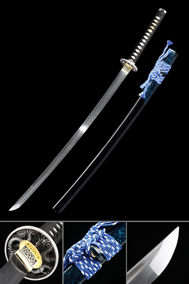 T10 Carbon Steel Katana with Dragon Tsuba, Hamon Blade in Black Saya - Blue-White Sageo