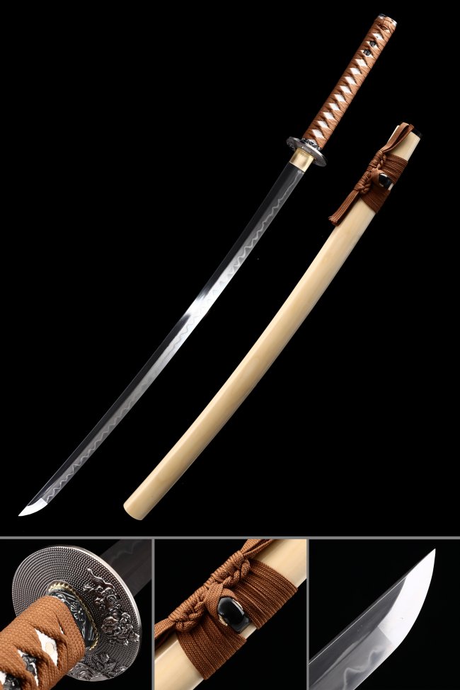 1065 Carbon Steel Katana with Real Hamon in Beige Natural Hardwood Saya - Brown Ito Dragon Tsuba
