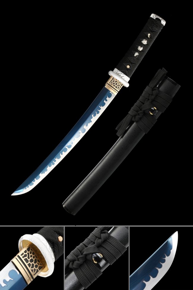 Blue Manganese Steel Tanto with Gold Geometric Tsuba - One Piece Law Replica Collectible