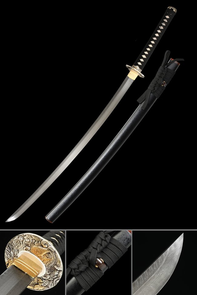 Damascus Steel Katana with Full Tang Blade, Black Hardwood Saya and Wave Tsuba