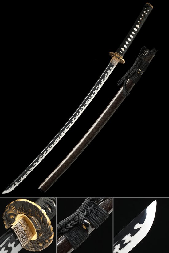 Demon Tsuba 1095 Carbon Steel Katana, Handmade, Brown Saya & Black Tsuka