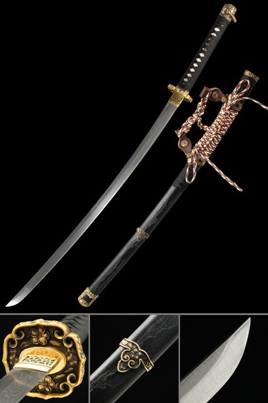 Damascus Steel Tachi Sword with Black Lacquer Saya - Gold Flower Tsuba, Full Tang