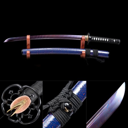 Handmade Pattern Steel Real Japanese Wakizashi Sword With Purle Blade And Blue Scabbard
