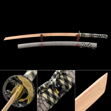 Handmade Natural Bamboo Wooden Blade Unsharpened Katana Swords With Gray Scabbard And Alloy Tsuba