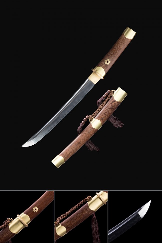 T10 Steel Tanto with Real Hamon in Rosewood Saya - Clay Tempered, Brass Fittings