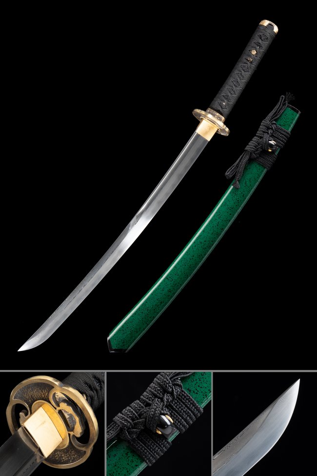 T10 Carbon Steel Wakizashi with Green Lacquer Saya - Copper Tsuba, Black Ito, Hamon Blade