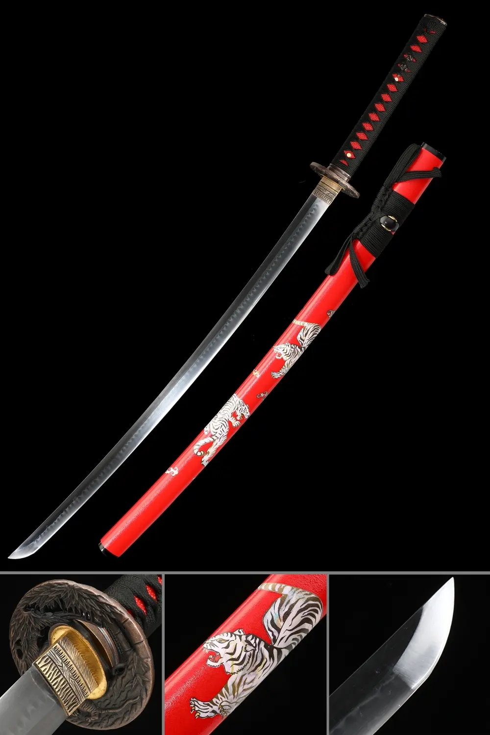 Red Katana | T10 Clay Tempered Katana with Real Hamon - Red Tiger