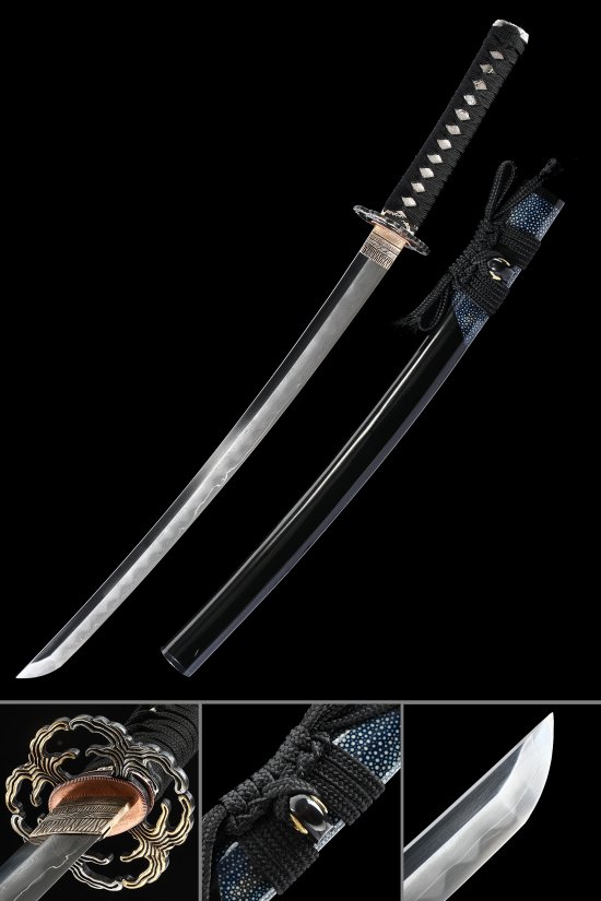 Damascus Steel Wakizashi with Hamon Blade - Black Tsuka, Gold-Black Ornate Scroll Tsuba